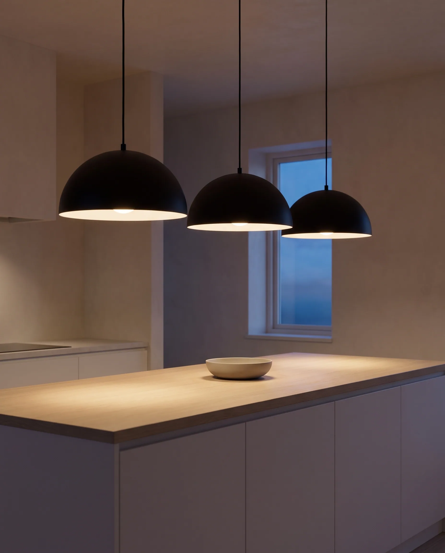 Three matte black dome pendants lit over a kitchen island